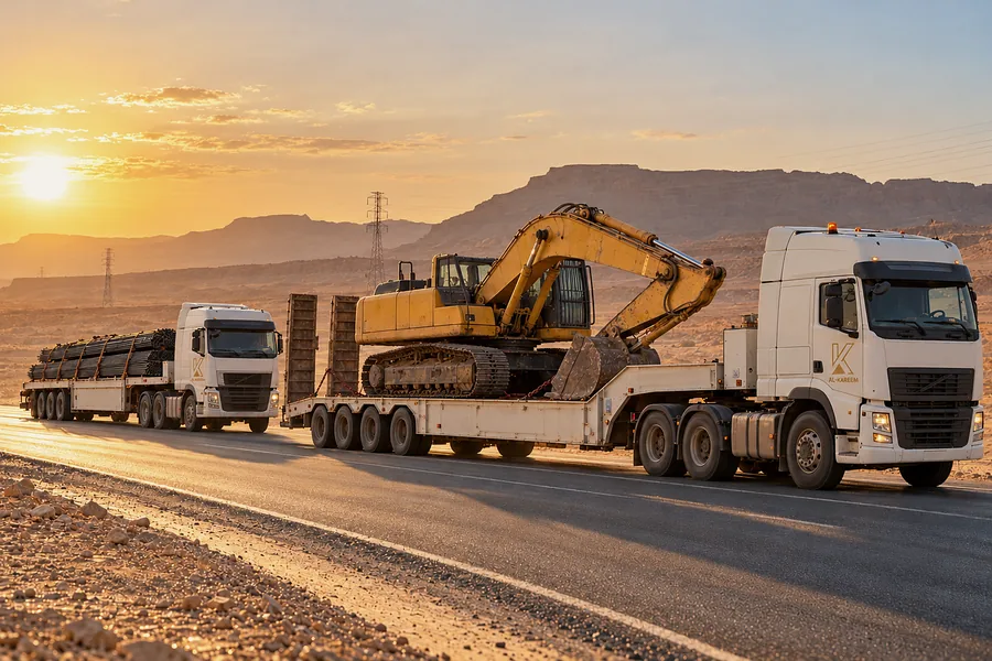 Heavy haulage convoy on a desert road