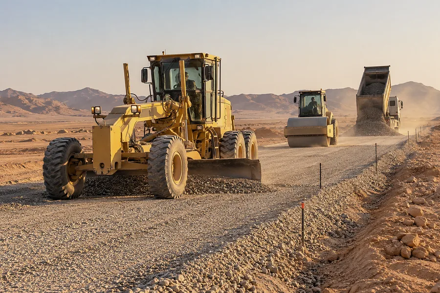 Grader and roller during road construction