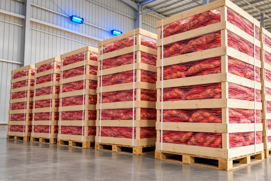Red onion crates on pallets